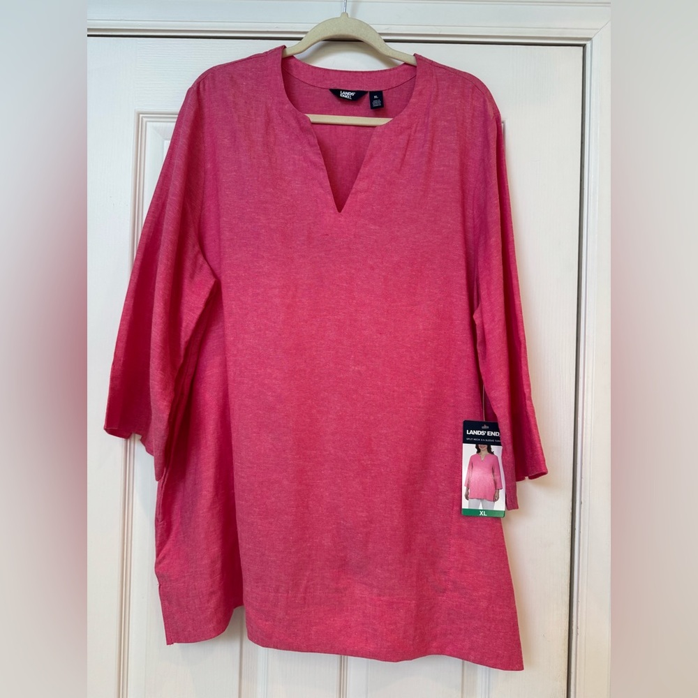 LAND’S END NWT Split Neck (V Neck) 3/4 Sleeve Linen Blend Tunic Pink XL Pockets